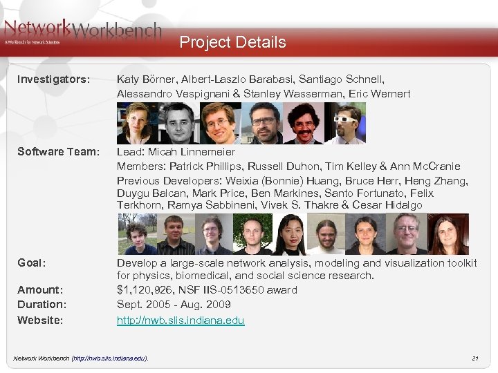 Project Details Investigators: Katy Börner, Albert-Laszlo Barabasi, Santiago Schnell, Alessandro Vespignani & Stanley Wasserman,