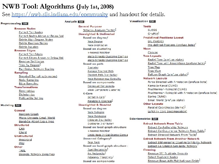 NWB Tool: Algorithms (July 1 st, 2008) See https: //nwb. slis. indiana. edu/community and