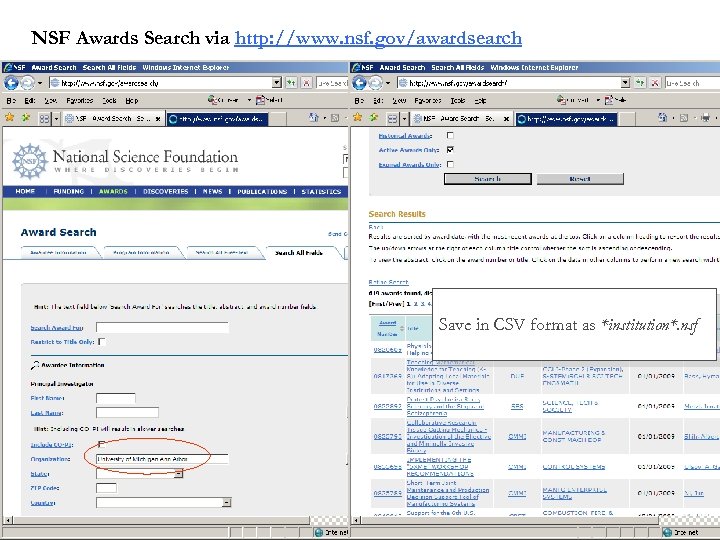 NSF Awards Search via http: //www. nsf. gov/awardsearch Save in CSV format as *institution*.