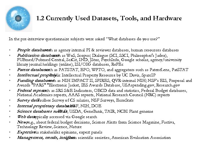 1. 2 Currently Used Datasets, Tools, and Hardware In the pre-interview questionnaire subjects were