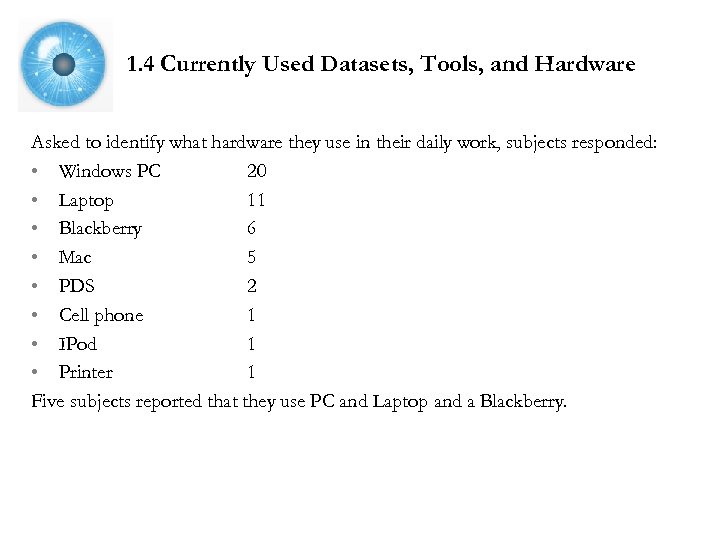 1. 4 Currently Used Datasets, Tools, and Hardware Asked to identify what hardware they