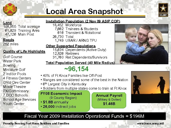 Local Area Snapshot Land 108, 955 Total acreage 61, 829 Training Area 47, 126