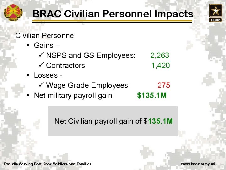 BRAC Civilian Personnel Impacts Civilian Personnel • Gains – ü NSPS and GS Employees: