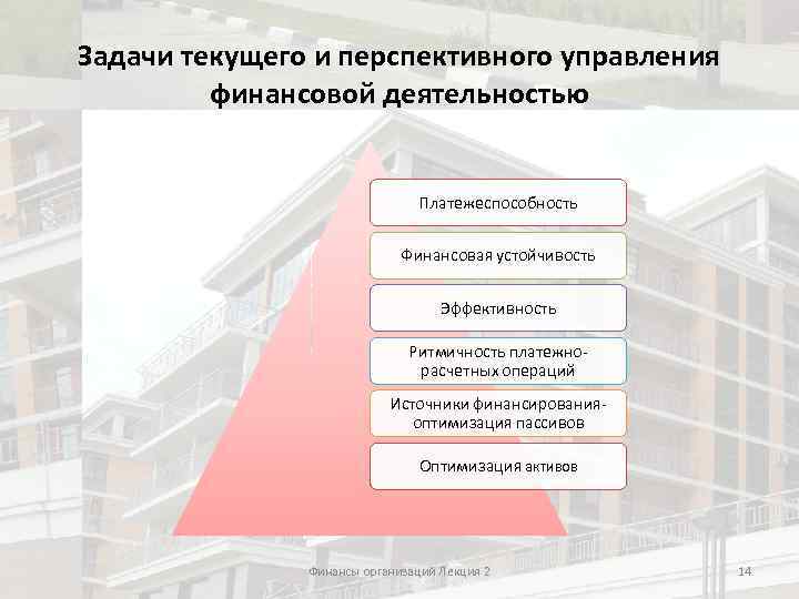 Задачи текущего и перспективного управления финансовой деятельностью Платежеспособность Финансовая устойчивость Эффективность Ритмичность платежнорасчетных операций