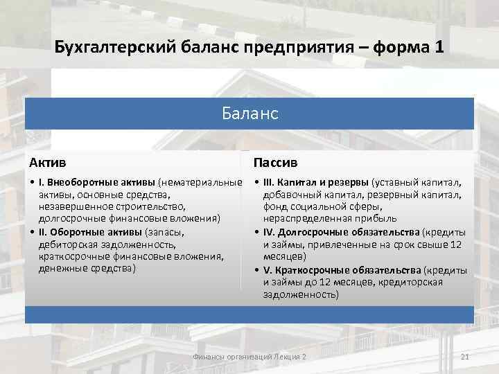 Бухгалтерский баланс предприятия – форма 1 Баланс Актив Пассив • I. Внеоборотные активы (нематериальные