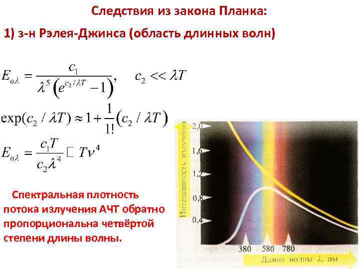 ТМО Следствия из закона Планка: 1) з-н Рэлея-Джинса (область длинных волн) Спектральная плотность потока