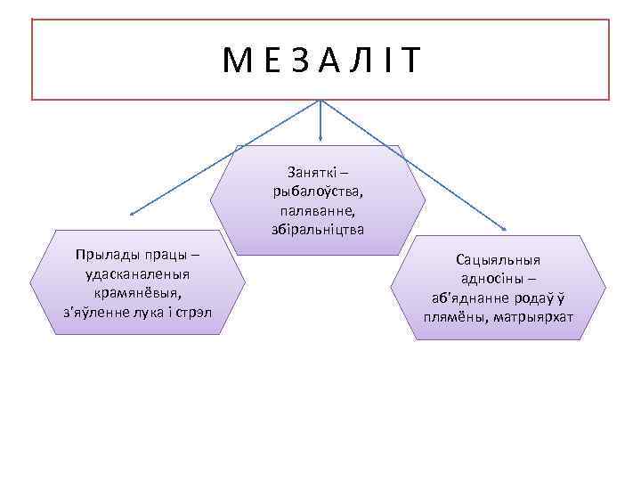 МЕЗАЛІТ Заняткі – рыбалоўства, паляванне, збіральніцтва Прылады працы – удасканаленыя крамянёвыя, з’яўленне лука і