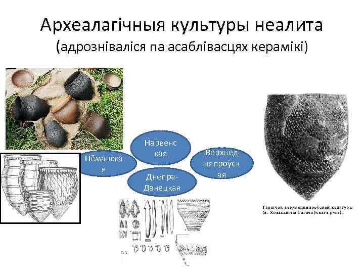 Археалагічныя культуры неалита (адрозніваліся па асаблівасцях керамікі) Нёманска я Нарвенс кая Днепра. Данецкая Верхнед