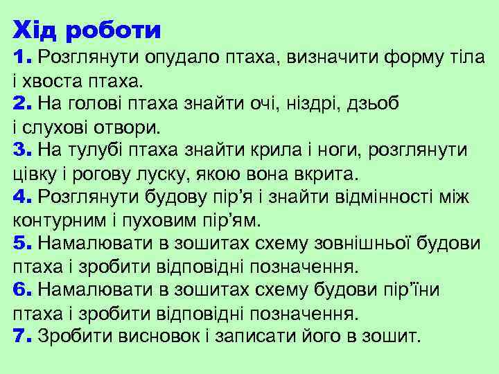 Хід роботи 1. Розглянути опудало птаха, визначити форму тіла і хвоста птаха. 2. На