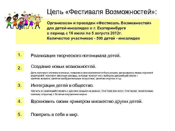 Цель «Фестиваля Возможностей» : Организован и проведен «Фестиваль Возможностей» для детей-инвалидов в г. Екатеринбурге