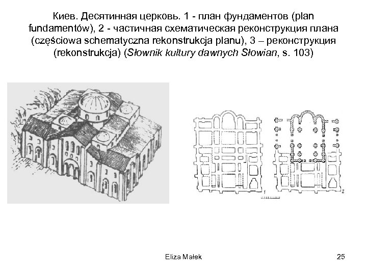 Киев. Десятинная церковь. 1 - план фундаментов (plan fundamentów), 2 - частичная схематическая реконструкция
