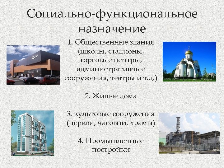Социально-функциональное назначение 1. Общественные здания (школы, стадионы, торговые центры, административные сооружения, театры и т.