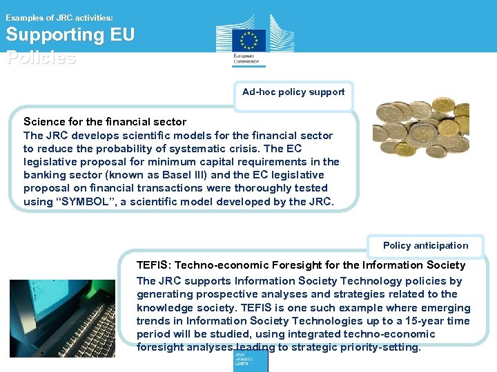 Examples of JRC activities: Supporting EU Policies Ad-hoc policy support Science for the financial