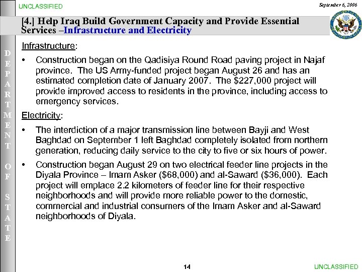 September 6, 2006 UNCLASSIFIED [4. ] Help Iraq Build Government Capacity and Provide Essential