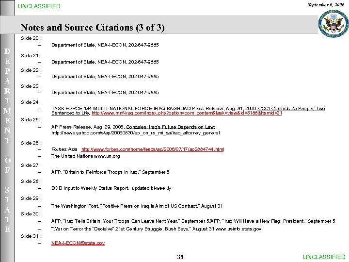 September 6, 2006 UNCLASSIFIED Notes and Source Citations (3 of 3) Slide 20: D