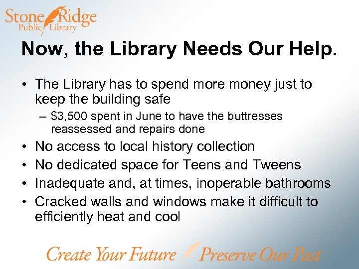 Now, the Library Needs Our Help. • The Library has to spend more money