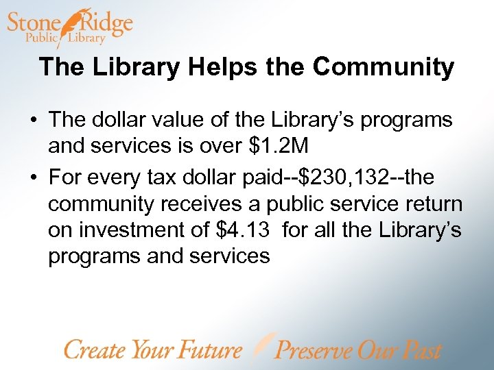 The Library Helps the Community • The dollar value of the Library’s programs and