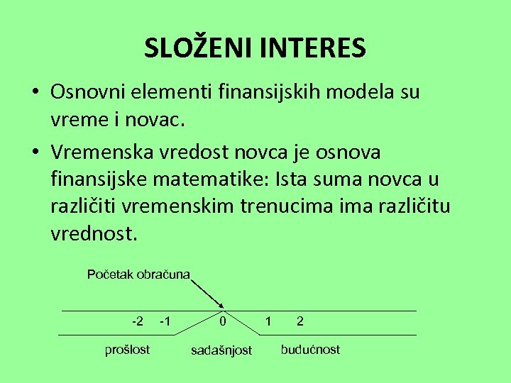 SLOŽENI INTERES • Osnovni elementi finansijskih modela su vreme i novac. • Vremenska vredost