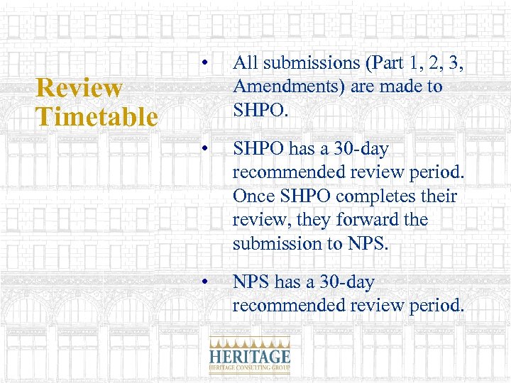 Review Timetable • All submissions (Part 1, 2, 3, Amendments) are made to SHPO.