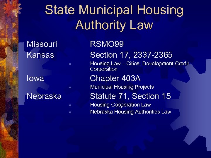 State Municipal Housing Authority Law Missouri Kansas RSMO 99 Section 17, 2337 -2365 l