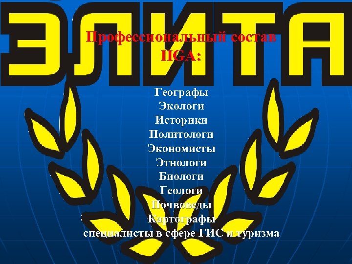 Профессиональный состав IIGA: Географы Экологи Историки Политологи Экономисты Этнологи Биологи Геологи Почвоведы Картографы специалисты