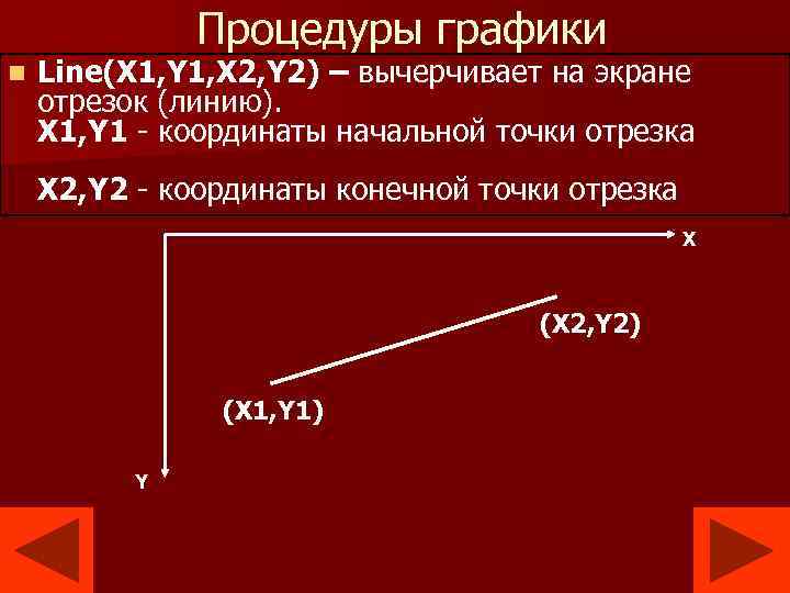 Процедуры графики n Line(X 1, Y 1, X 2, Y 2) – вычерчивает на