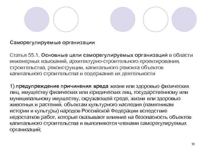Саморегулируемые организации Статья 55. 1. Основные цели саморегулируемых организаций в области инженерных изысканий, архитектурно-строительного