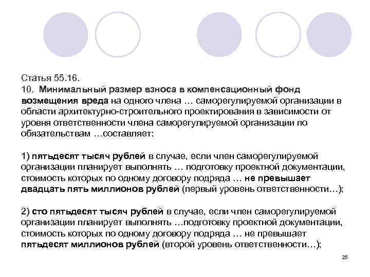 Статья 55. 16. 10. Минимальный размер взноса в компенсационный фонд возмещения вреда на одного