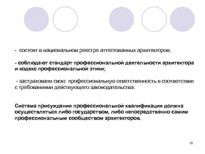 - состоят в национальном реестре аттестованных архитекторов; - соблюдают стандарт профессиональной деятельности архитектора и