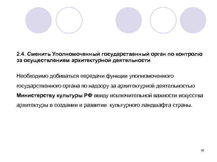 2. 4. Сменить Уполномоченный государственный орган по контролю за осуществлением архитектурной деятельности Необходимо добиваться