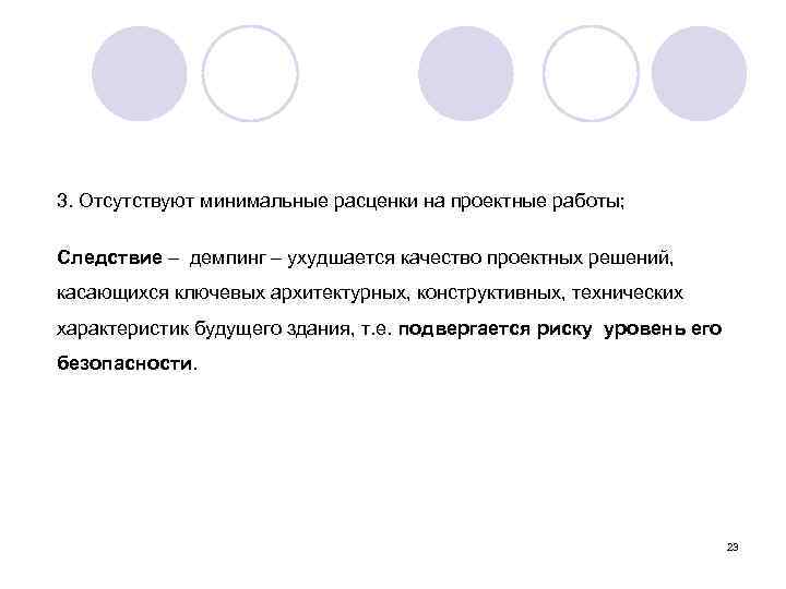 3. Отсутствуют минимальные расценки на проектные работы; Следствие – демпинг – ухудшается качество проектных