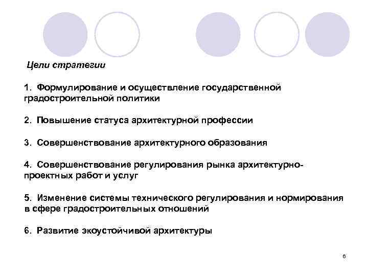  Цели стратегии 1. Формулирование и осуществление государственной градостроительной политики 2. Повышение статуса архитектурной