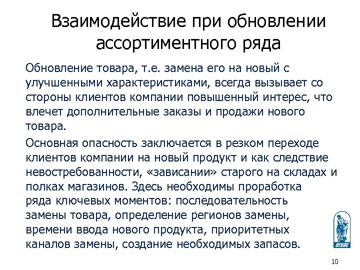 Взаимодействие при обновлении ассортиментного ряда Обновление товара, т. е. замена его на новый с