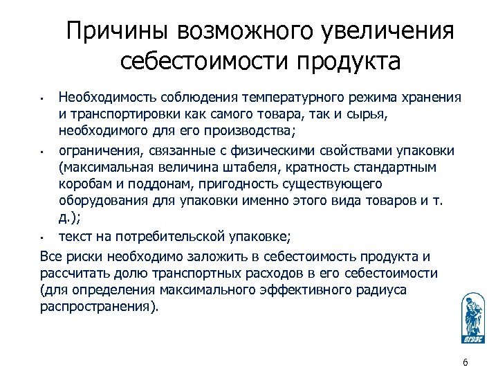 Причины возможного увеличения себестоимости продукта Необходимость соблюдения температурного режима хранения и транспортировки как самого
