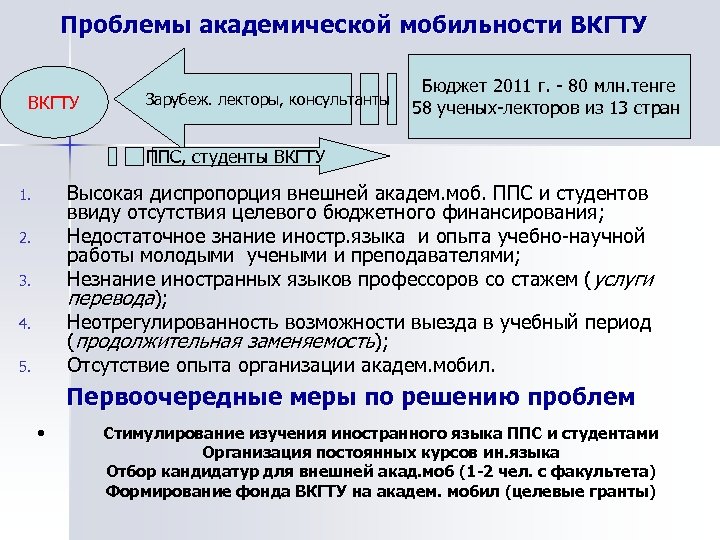 Проблемы академической мобильности ВКГТУ Зарубеж. лекторы, консультанты Бюджет 2011 г. - 80 млн. тенге