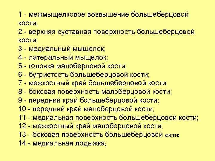 1 - межмыщелковое возвышение большеберцовой кости; 2 - верхняя суставная поверхность большеберцовой кости; 3