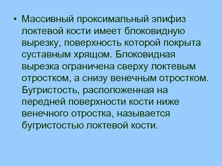  • Массивный проксимальный эпифиз локтевой кости имеет блоковидную вырезку, поверхность которой покрыта суставным