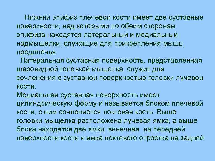 Нижний эпифиз плечевой кости имеет две суставные поверхности, над которыми по обеим сторонам эпифиза