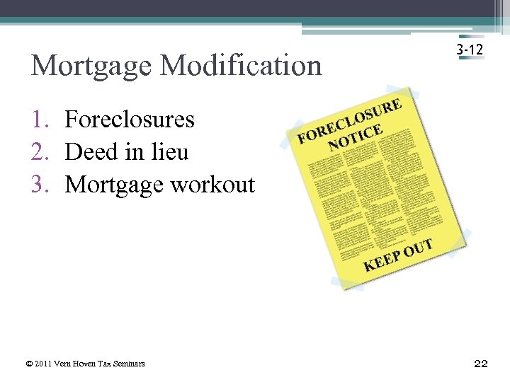 Mortgage Modification 3 -12 1. Foreclosures 2. Deed in lieu 3. Mortgage workout ©