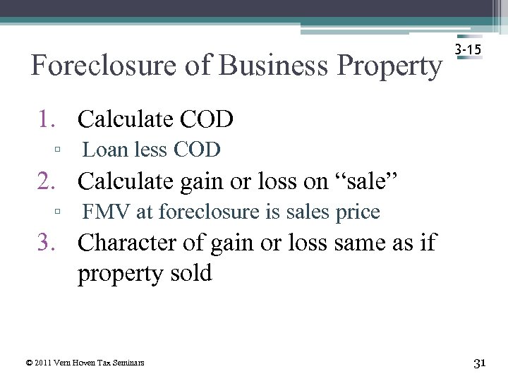 Foreclosure of Business Property 3 -15 1. Calculate COD ▫ Loan less COD 2.