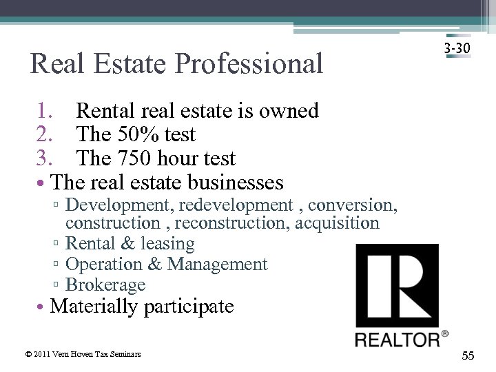 Real Estate Professional 3 -30 1. Rental real estate is owned 2. The 50%