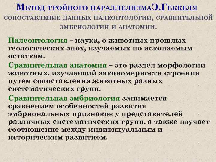 МЕТОД ТРОЙНОГО ПАРАЛЛЕЛИЗМА Э. ГЕККЕЛЯ СОПОСТАВЛЕНИЕ ДАННЫХ ПАЛЕОНТОЛОГИИ, СРАВНИТЕЛЬНОЙ ЭМБРИОЛОГИИ И АНАТОМИИ. Палеонтология –