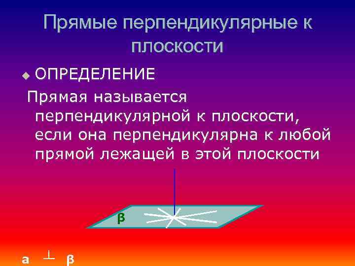 Прямые перпендикулярные к плоскости ОПРЕДЕЛЕНИЕ Прямая называется перпендикулярной к плоскости, если она перпендикулярна к