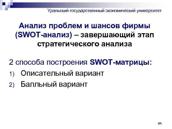 Уральский государственный экономический университет Анализ проблем и шансов фирмы (SWOT-анализ) – завершающий этап стратегического