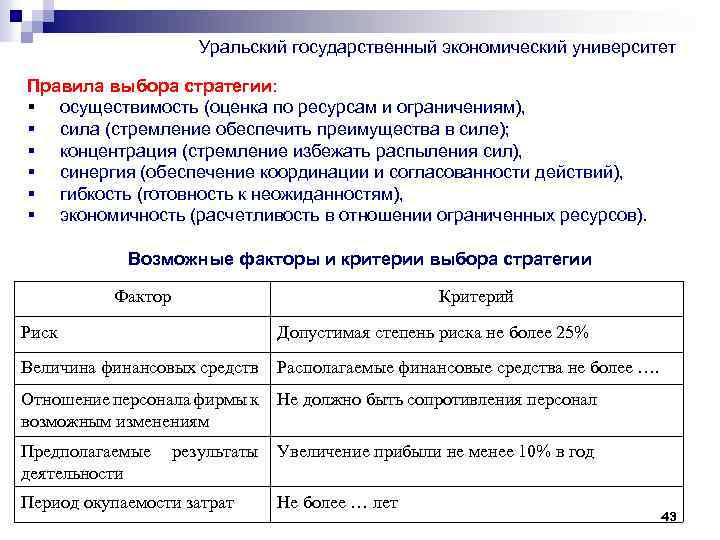 Уральский государственный экономический университет Правила выбора стратегии: § осуществимость (оценка по ресурсам и ограничениям),