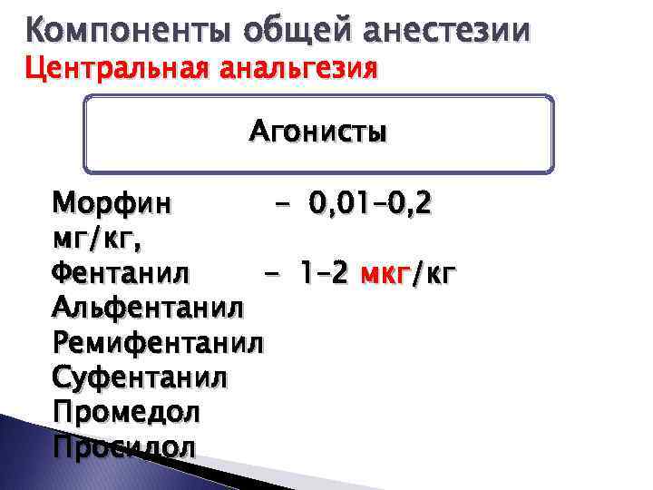 Компоненты общей анестезии Центральная анальгезия Агонисты Морфин - 0, 01– 0, 2 мг/кг, Фентанил