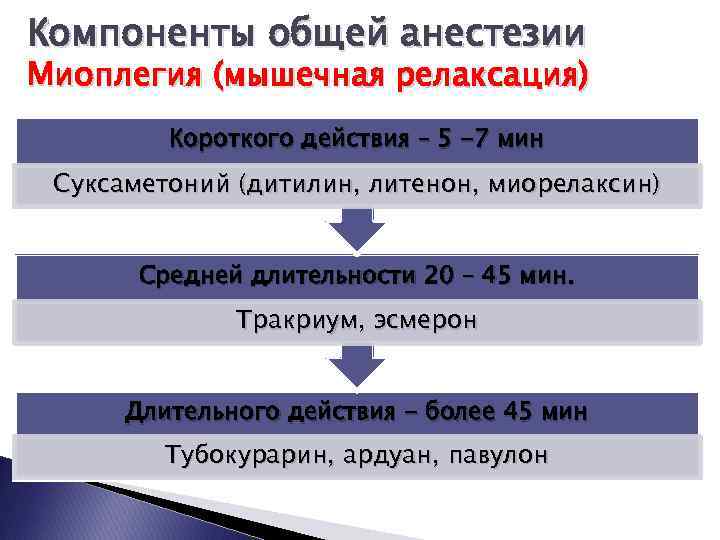 Компоненты общей анестезии Миоплегия (мышечная релаксация) Короткого действия – 5 -7 мин Суксаметоний (дитилин,