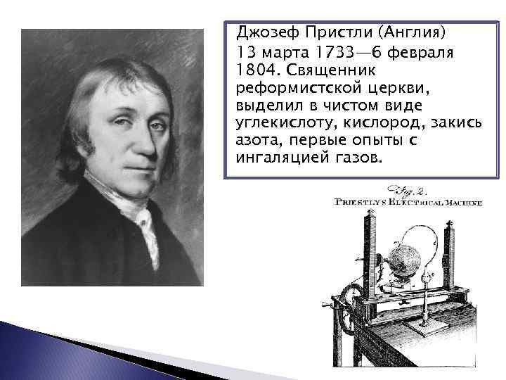 Джозеф Пристли (Англия) 13 марта 1733— 6 февраля 1804. Священник реформистской церкви, выделил в
