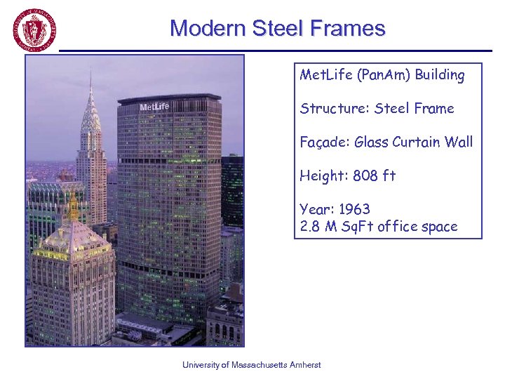 Modern Steel Frames Met. Life (Pan. Am) Building Structure: Steel Frame Façade: Glass Curtain