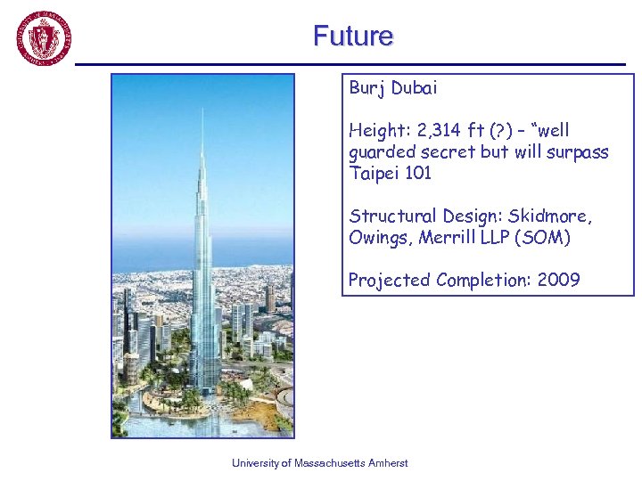 Future Burj Dubai Height: 2, 314 ft (? ) – “well guarded secret but